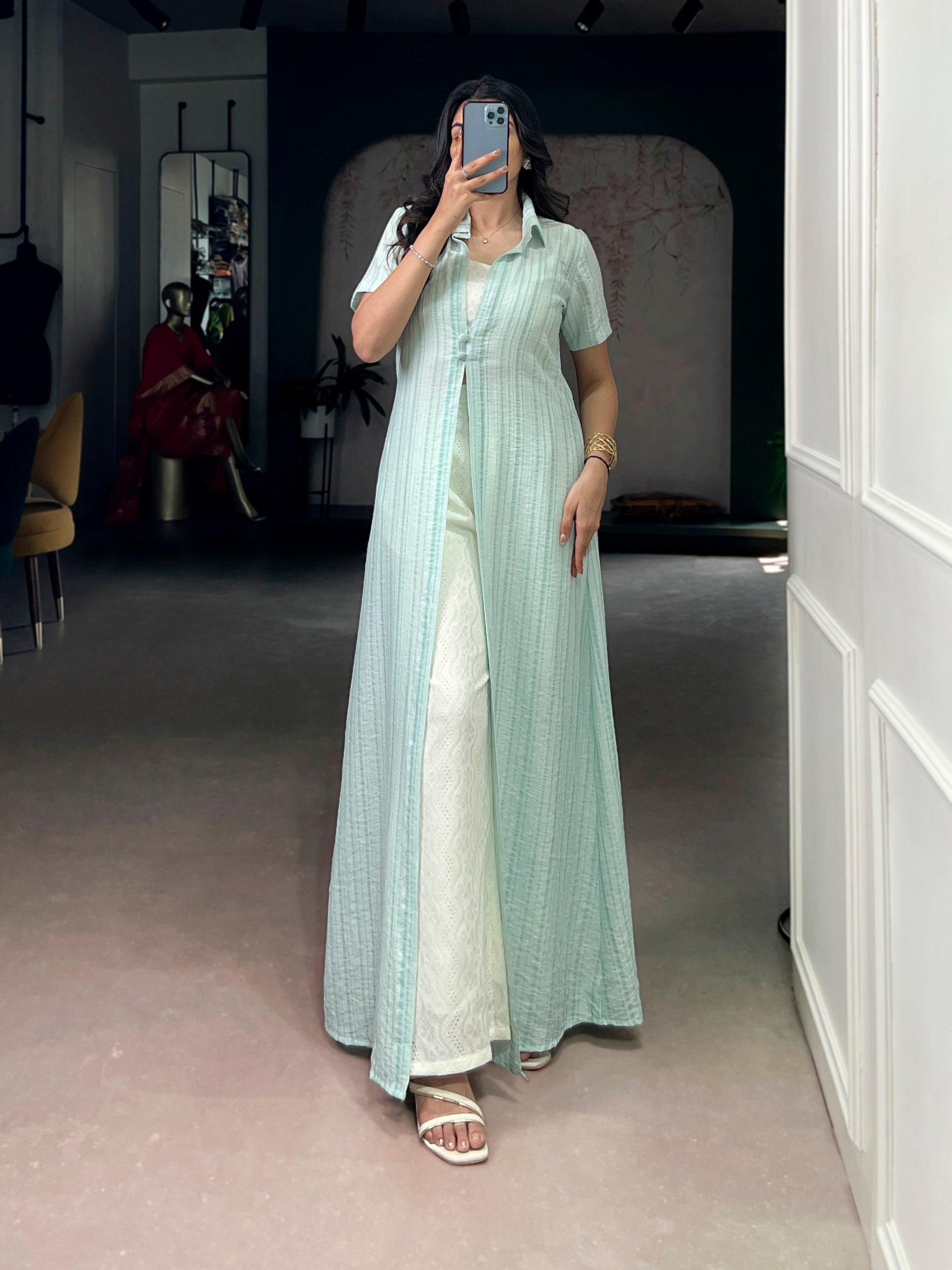 Sky Pure Orchid Plain Work Long Kurti with Wooden Indo Western Set