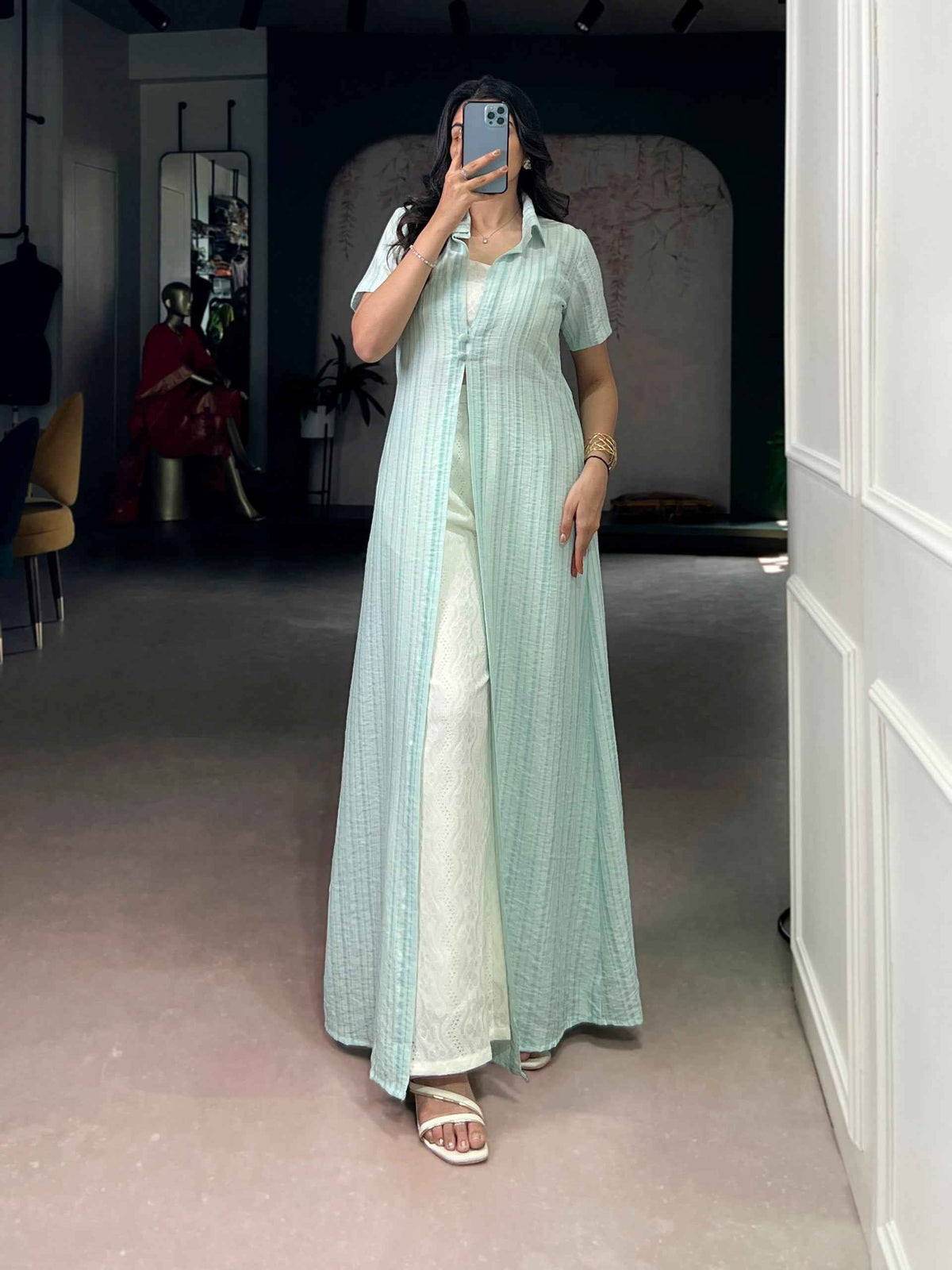 Sky Pure Orchid Plain Work Long Kurti with Wooden Indo Western Set