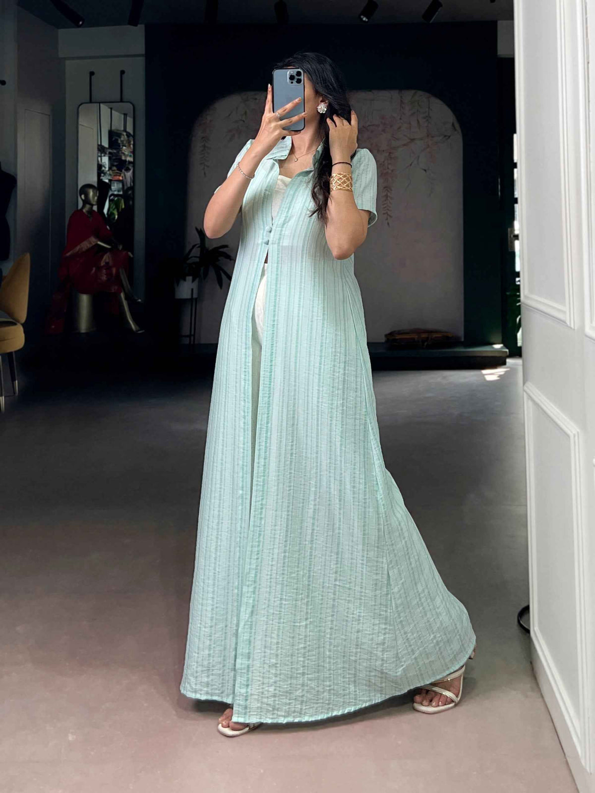 Sky Pure Orchid Plain Work Long Kurti with Wooden Indo Western Set