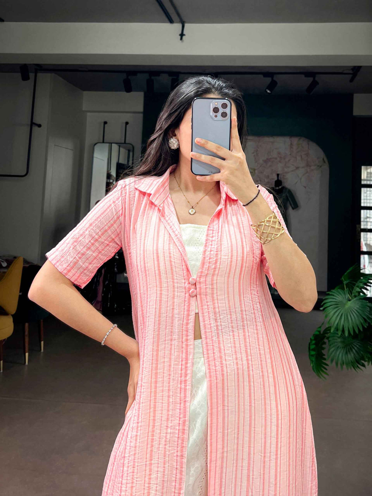 Pink Pure Orchid Plain Work Long Kurti with Wooden Indo Western Set