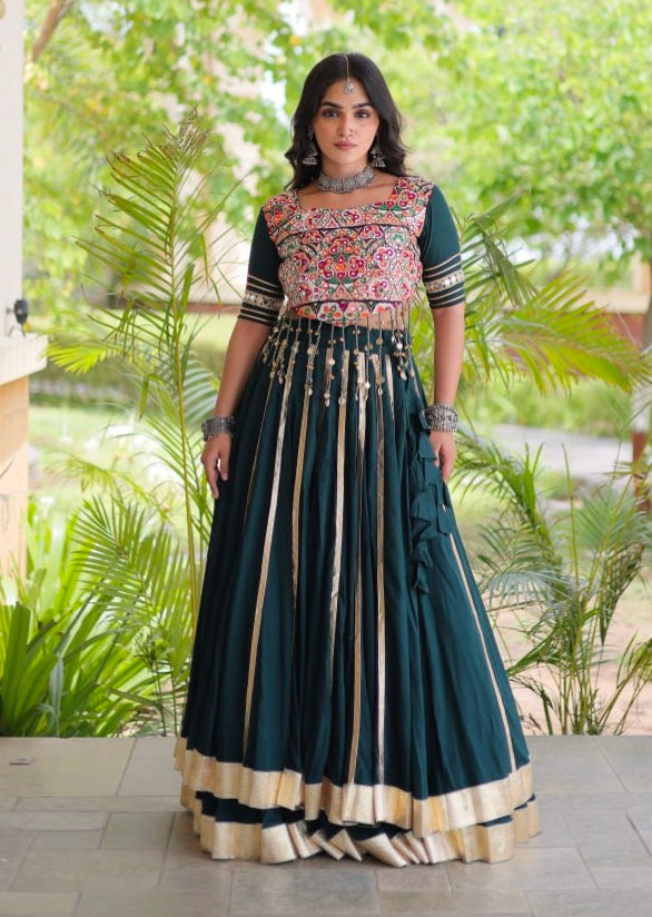 Green Pure Kora Cotton Multi Thread Gotta Patti Mirror Work Navratri Lehenga Choli