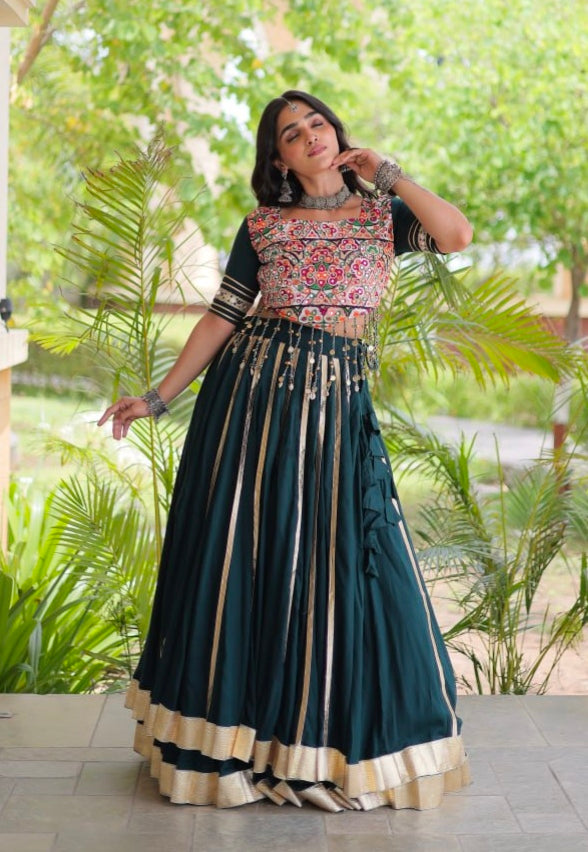Green Pure Kora Cotton Multi Thread Gotta Patti Mirror Work Navratri Lehenga Choli