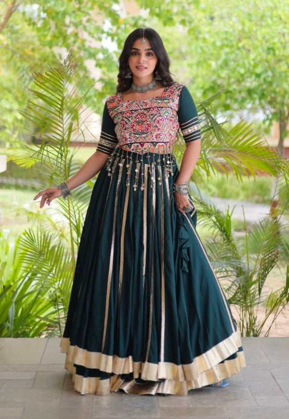 Green Pure Kora Cotton Multi Thread Gotta Patti Mirror Work Navratri Lehenga Choli