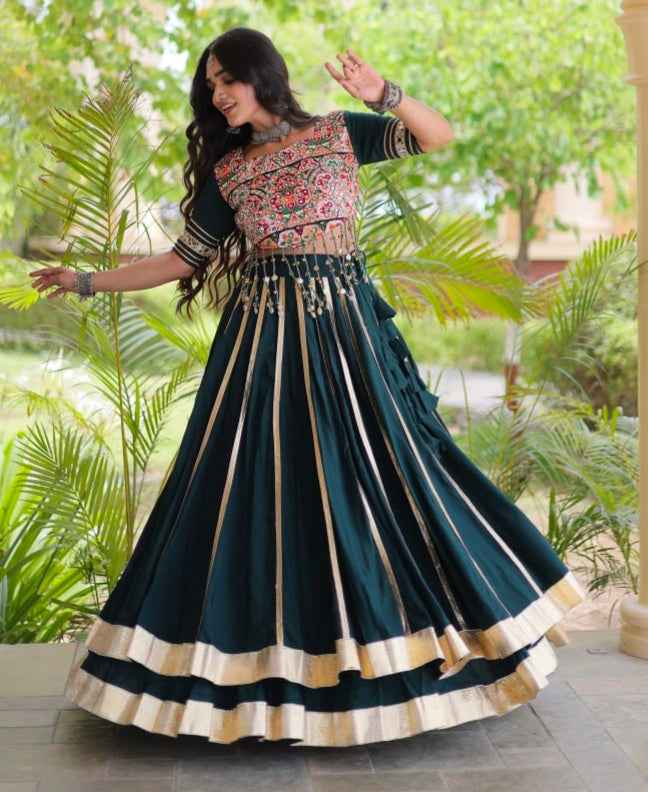 Green Pure Kora Cotton Multi Thread Gotta Patti Mirror Work Navratri Lehenga Choli