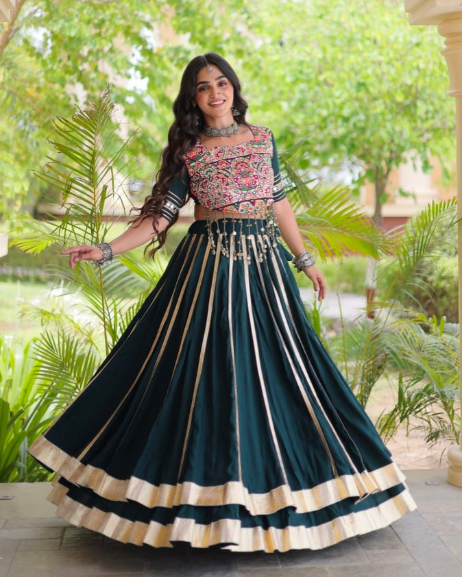Green Pure Kora Cotton Multi Thread Gotta Patti Mirror Work Navratri Lehenga Choli