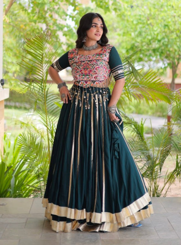 Green Pure Kora Cotton Multi Thread Gotta Patti Mirror Work Navratri Lehenga Choli