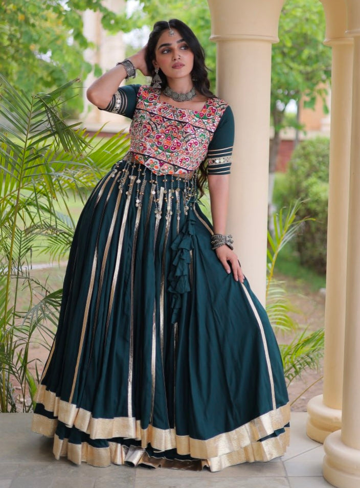 Green Pure Kora Cotton Multi Thread Gotta Patti Mirror Work Navratri Lehenga Choli
