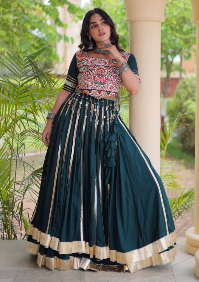 Green Pure Kora Cotton Multi Thread Gotta Patti Mirror Work Navratri Lehenga Choli