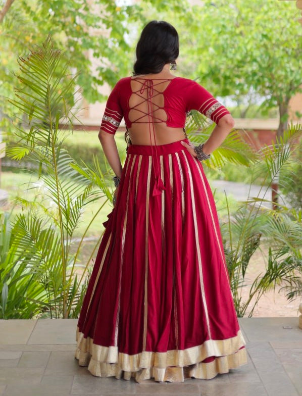 Red Pure Kora Cotton Multi Thread Gotta Patti Mirror Work Navratri Lehenga Choli