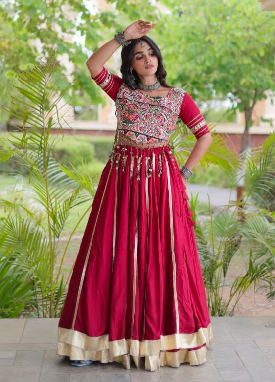 Red Pure Kora Cotton Multi Thread Gotta Patti Mirror Work Navratri Lehenga Choli