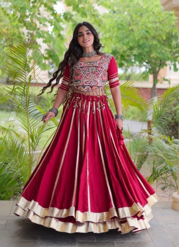 Red Pure Kora Cotton Multi Thread Gotta Patti Mirror Work Navratri Lehenga Choli