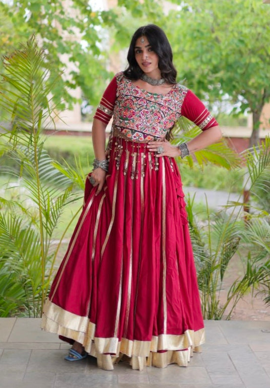 Red Pure Kora Cotton Multi Thread Gotta Patti Mirror Work Navratri Lehenga Choli
