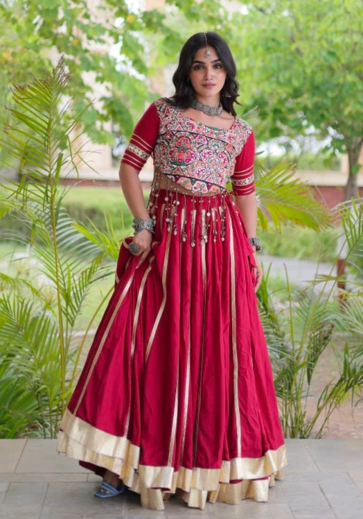 Red Pure Kora Cotton Multi Thread Gotta Patti Mirror Work Navratri Lehenga Choli