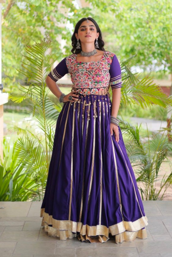 Purple Pure Kora Cotton Multi Thread Gotta Patti Mirror Work Navratri Lehenga Choli