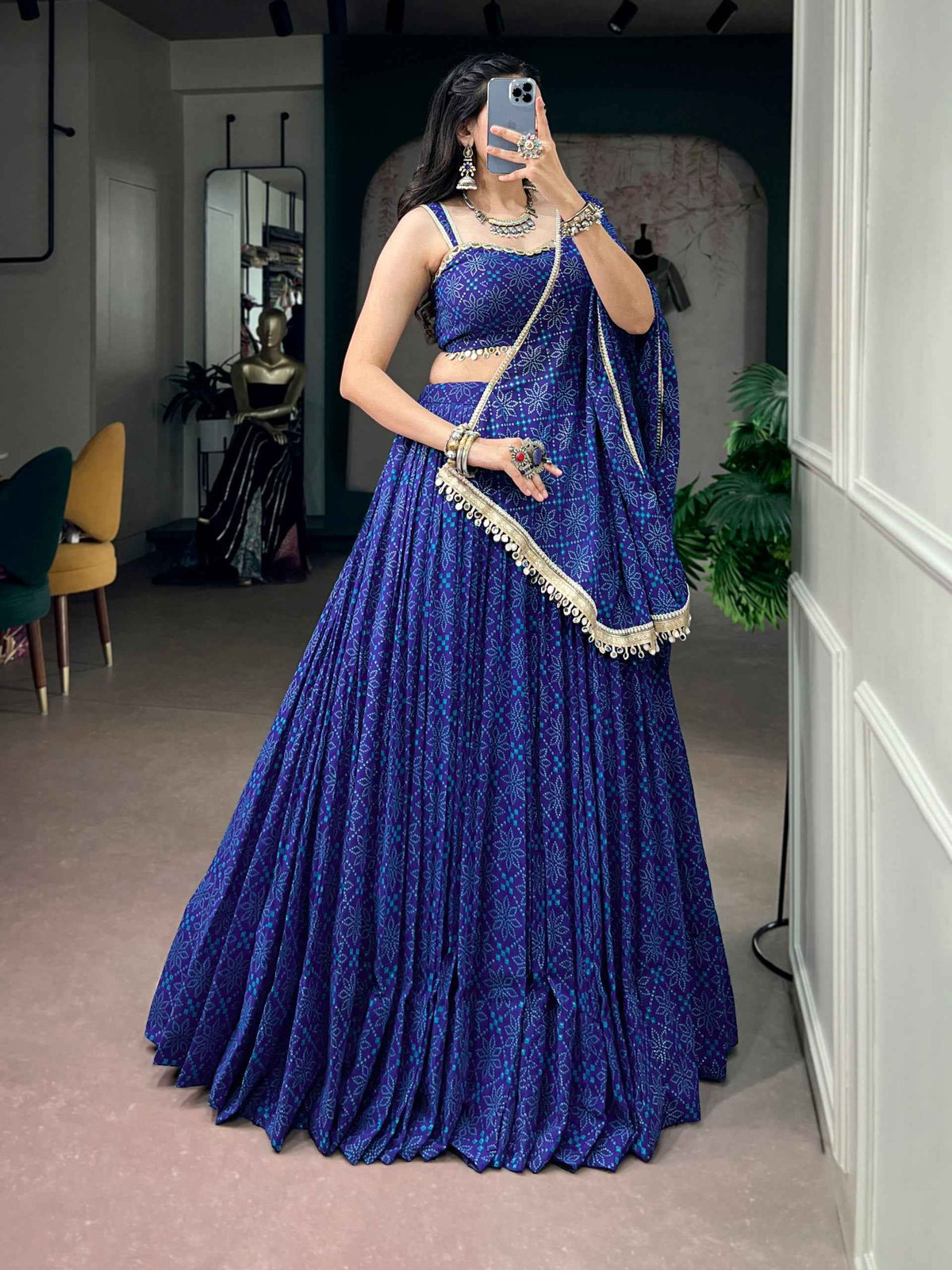 Blue Pure Kora Cotton Multi Thread Gotta Patti Mirror Work Navratri Lehenga Choli