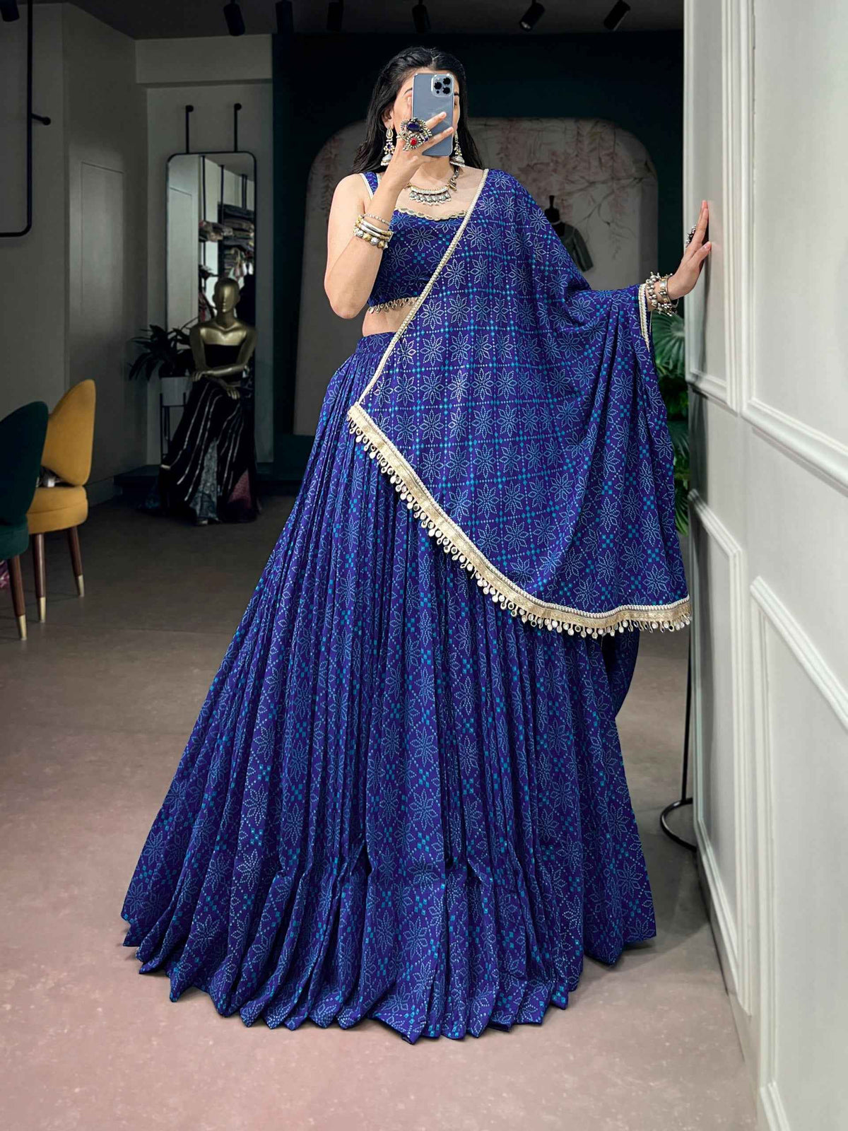 Blue Pure Kora Cotton Multi Thread Gotta Patti Mirror Work Navratri Lehenga Choli