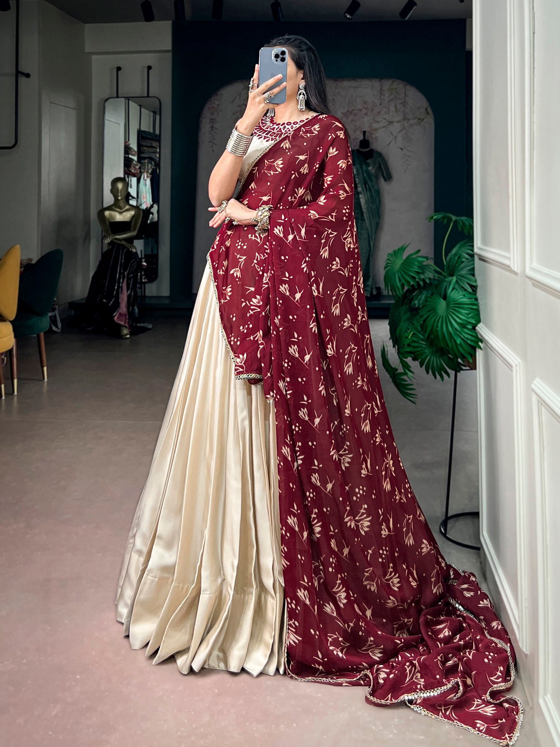 Cream Pure Monga Silk Real Mirror Work Navratri Lehenga Choli