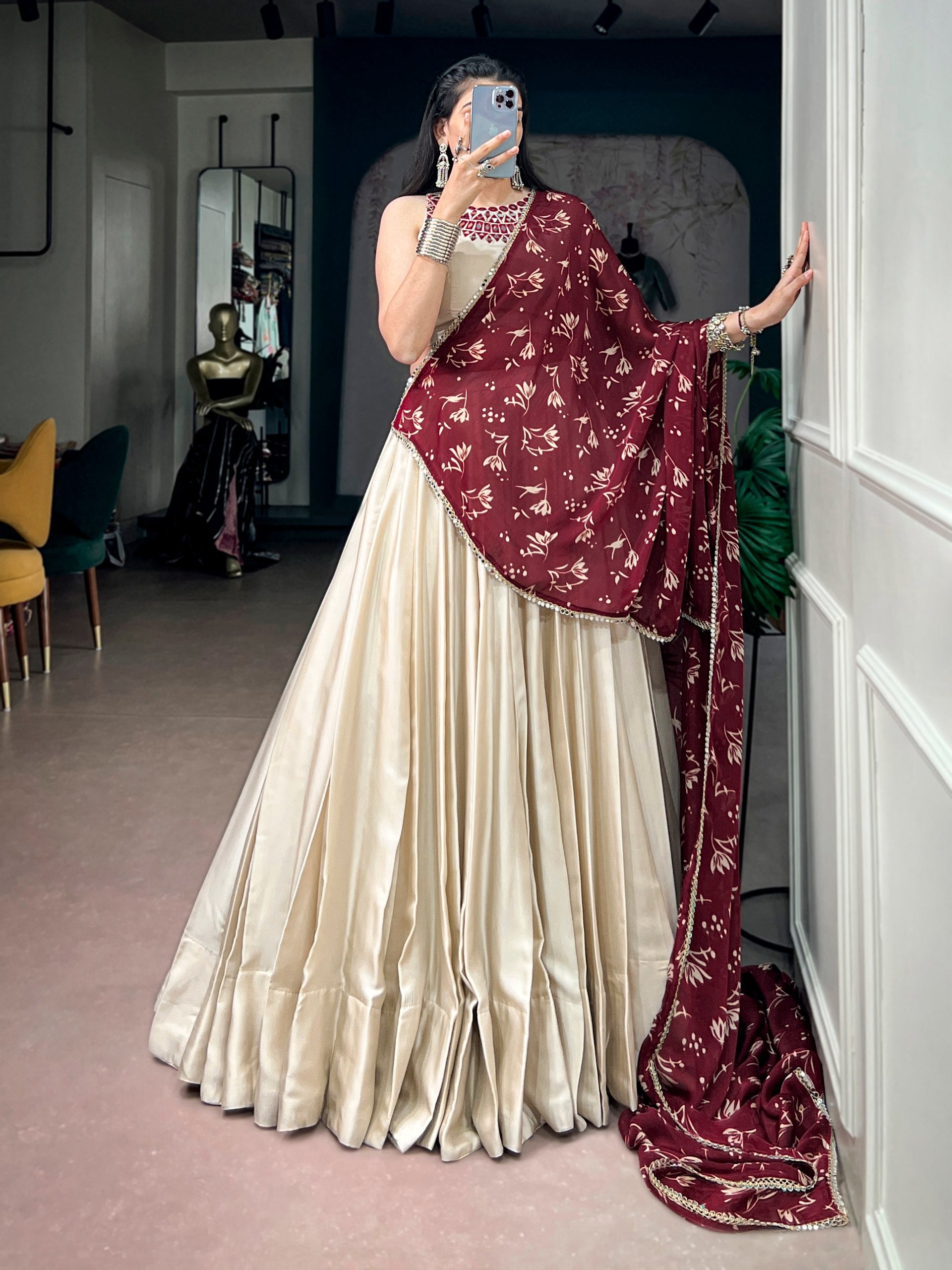 Cream Pure Monga Silk Real Mirror Work Navratri Lehenga Choli