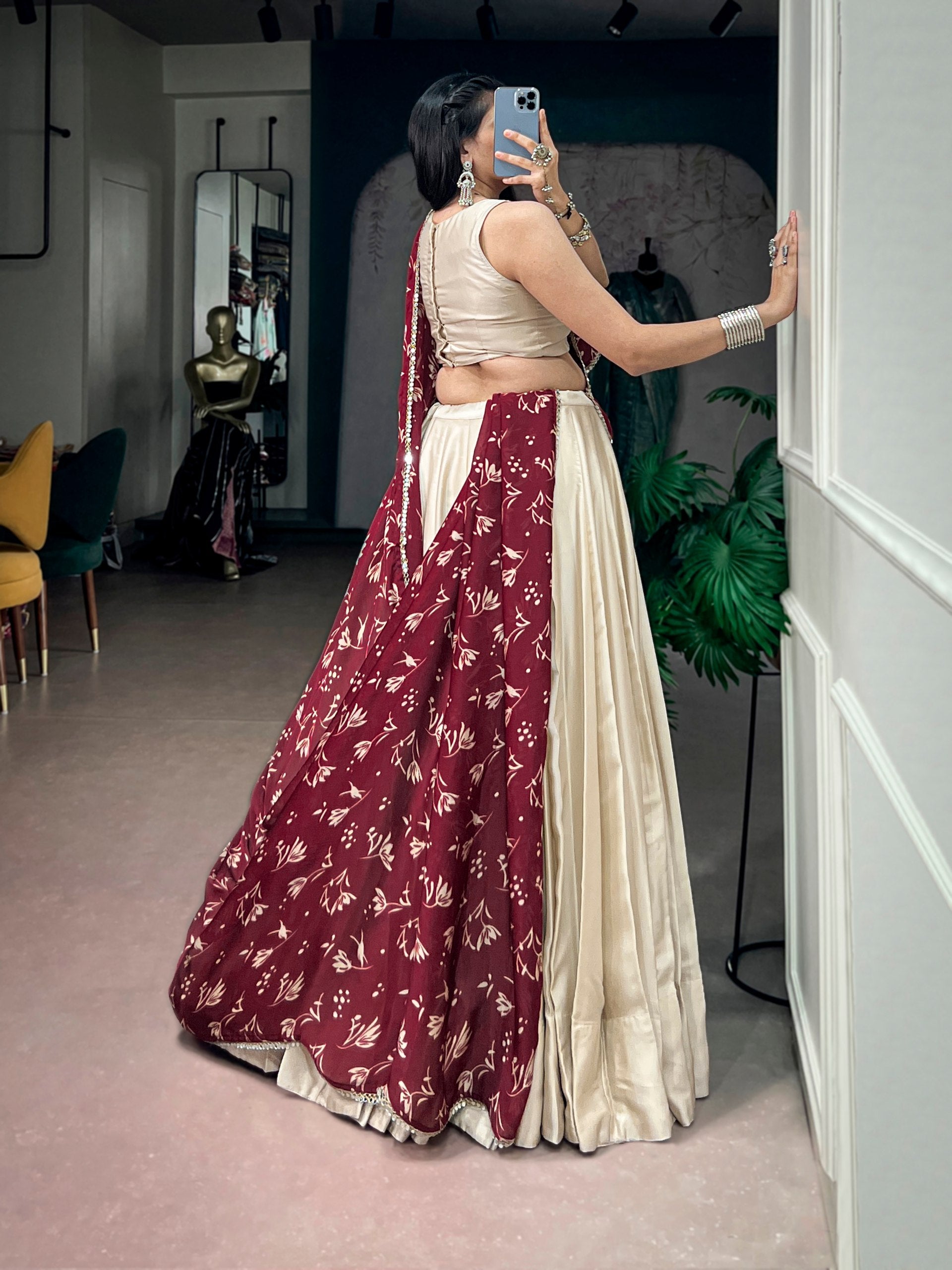 Cream Pure Monga Silk Real Mirror Work Navratri Lehenga Choli