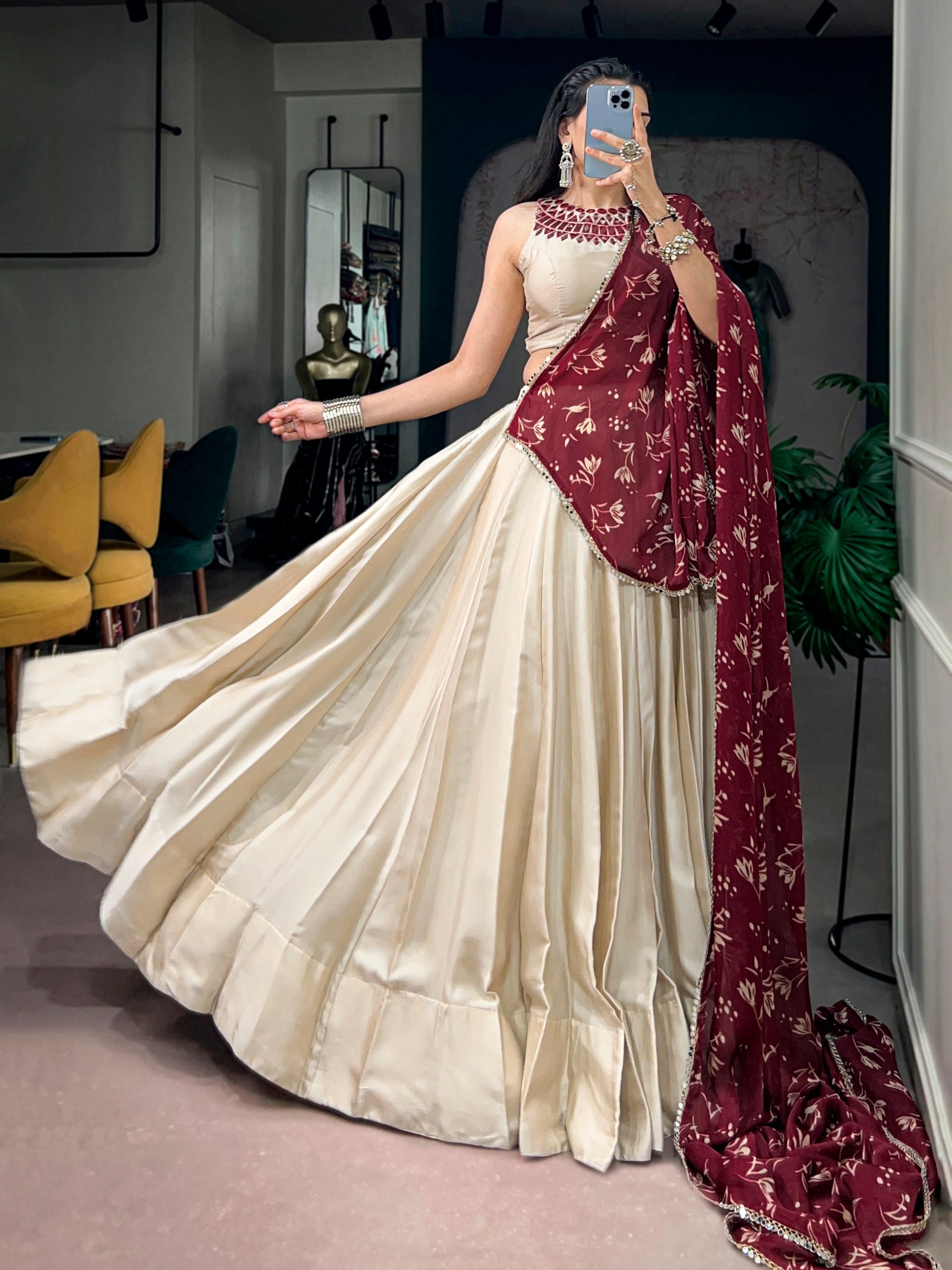 Cream Pure Monga Silk Real Mirror Work Navratri Lehenga Choli