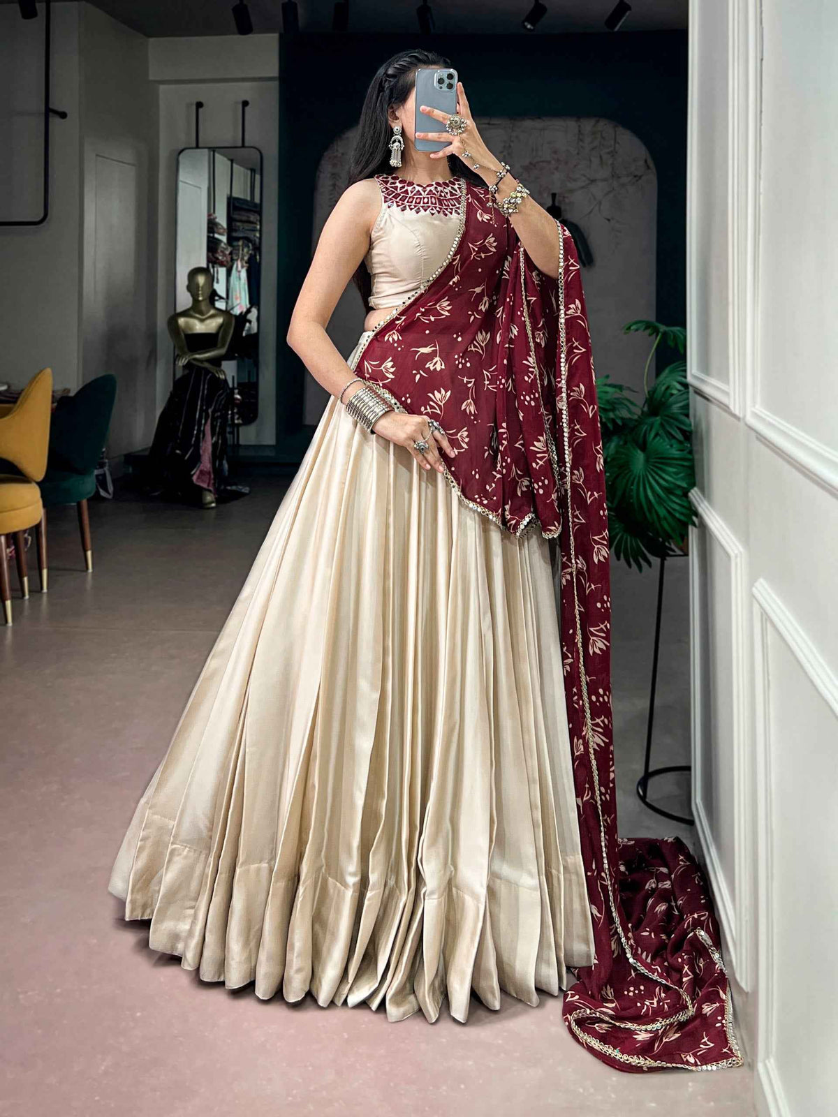 Cream Pure Monga Silk Real Mirror Work Navratri Lehenga Choli