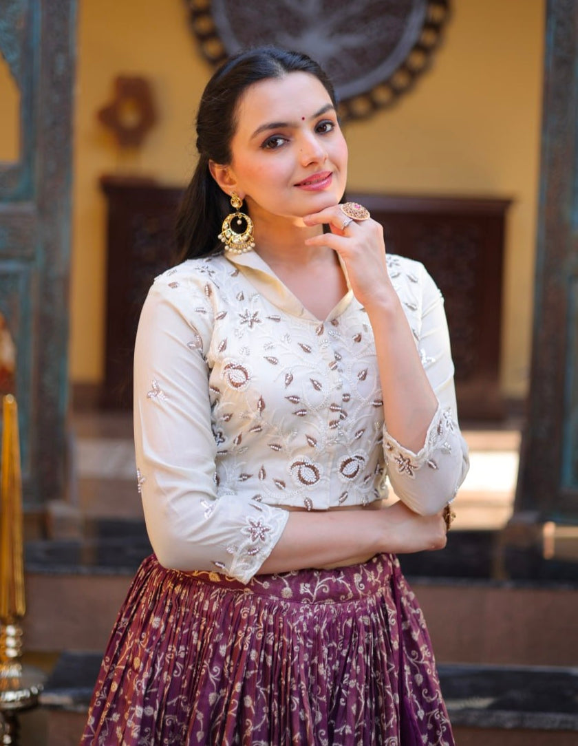 Wine Pure Cosmos Weaving jacquard Work Navratri Lehenga Choli