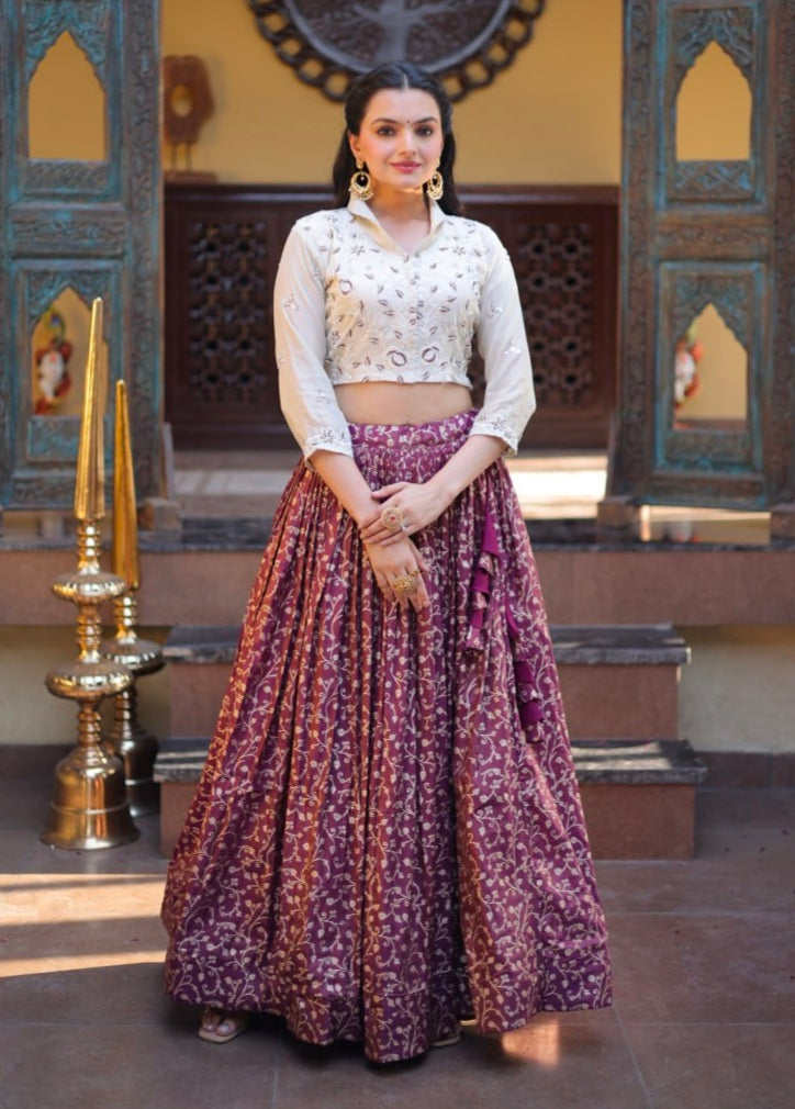 Wine Pure Cosmos Weaving jacquard Work Navratri Lehenga Choli
