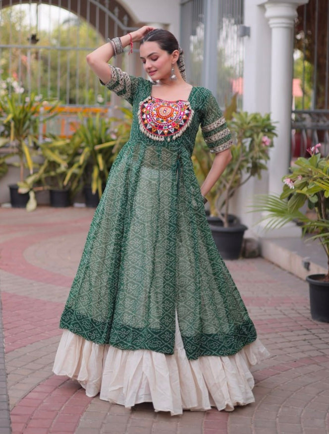 Green Pure Faux Georgette Bandhani Print with kutchi Patchwork Navratri Lehenga Choli