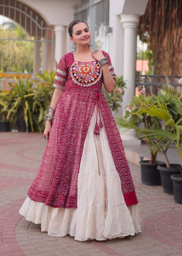 Maroon Pure Faux Georgette Bandhani Print with kutchi Patchwork Navratri Lehenga Choli