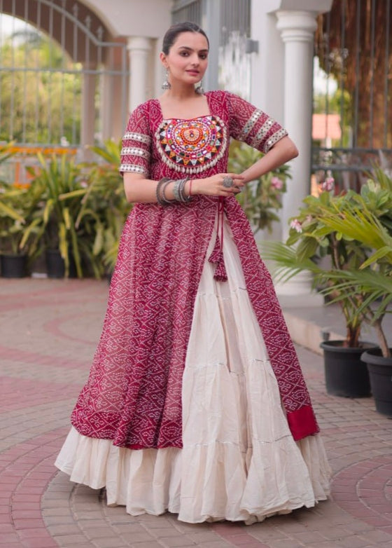 Maroon Pure Faux Georgette Bandhani Print with kutchi Patchwork Navratri Lehenga Choli