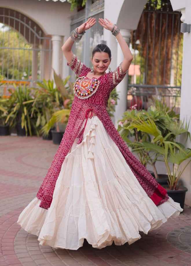Maroon Pure Faux Georgette Bandhani Print with kutchi Patchwork Navratri Lehenga Choli