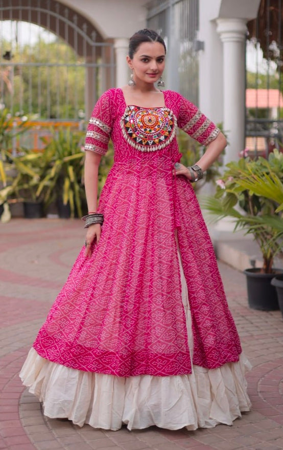 Pink Pure Faux Georgette Bandhani Print with kutchi Patchwork Navratri Lehenga Choli