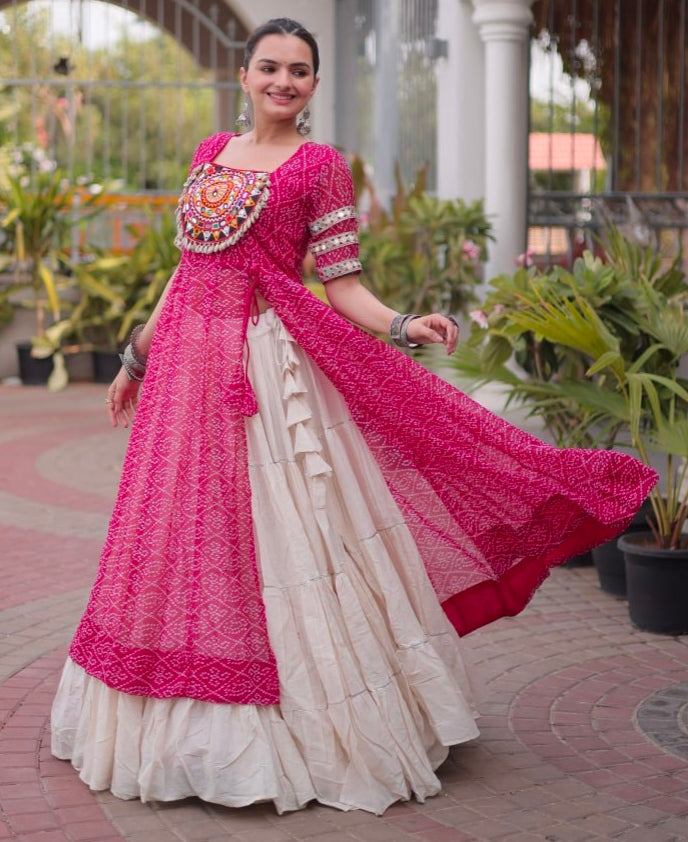 Pink Pure Faux Georgette Bandhani Print with kutchi Patchwork Navratri Lehenga Choli