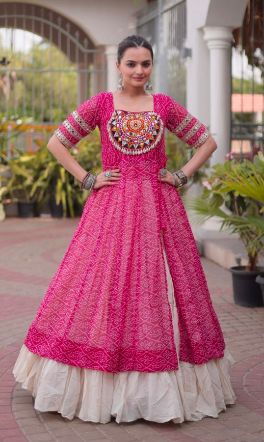 Pink Pure Faux Georgette Bandhani Print with kutchi Patchwork Navratri Lehenga Choli