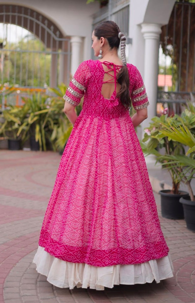 Pink Pure Faux Georgette Bandhani Print with kutchi Patchwork Navratri Lehenga Choli