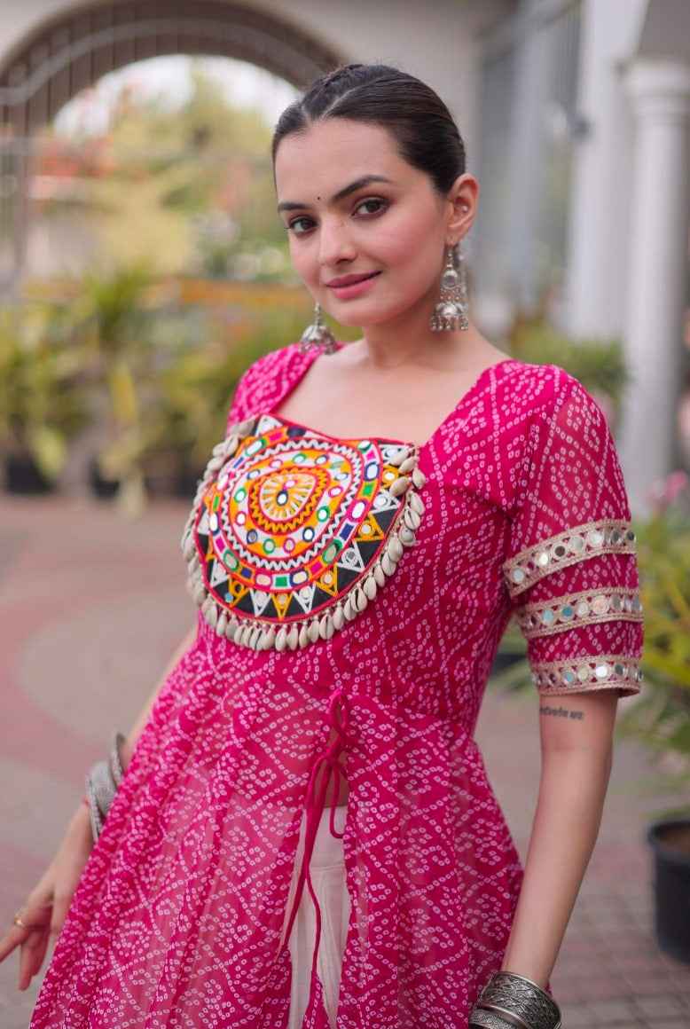 Pink Pure Faux Georgette Bandhani Print with kutchi Patchwork Navratri Lehenga Choli