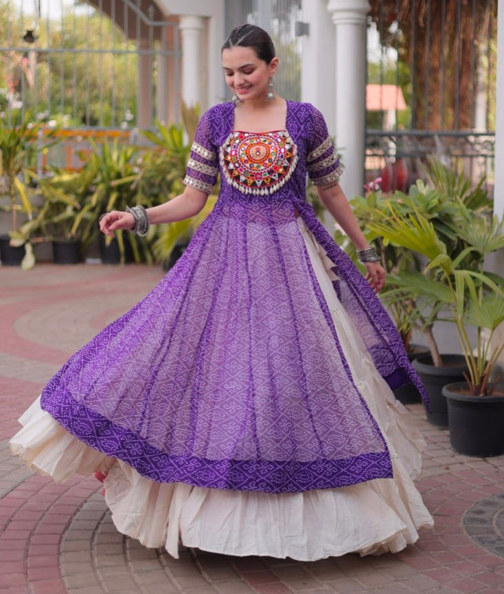 Purple Pure Faux Georgette Bandhani Print with kutchi Patchwork Navratri Lehenga Choli