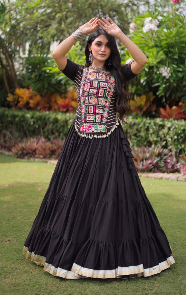 Black Pure Kora Cotton with Standard kutchi Patchwork Navratri Lehenga Choli