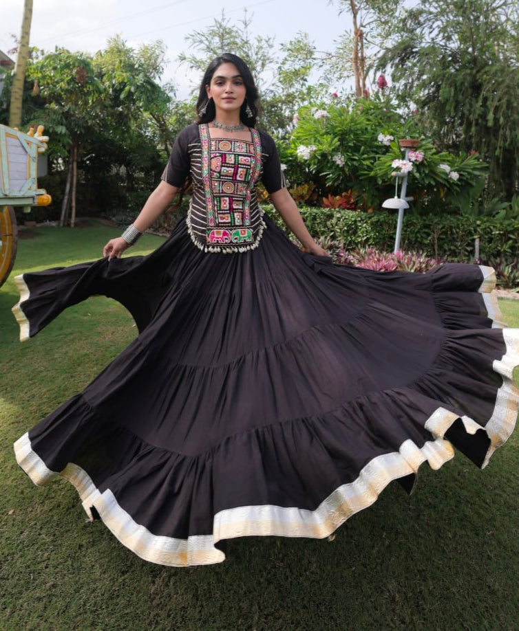 Black Pure Kora Cotton with Standard kutchi Patchwork Navratri Lehenga Choli