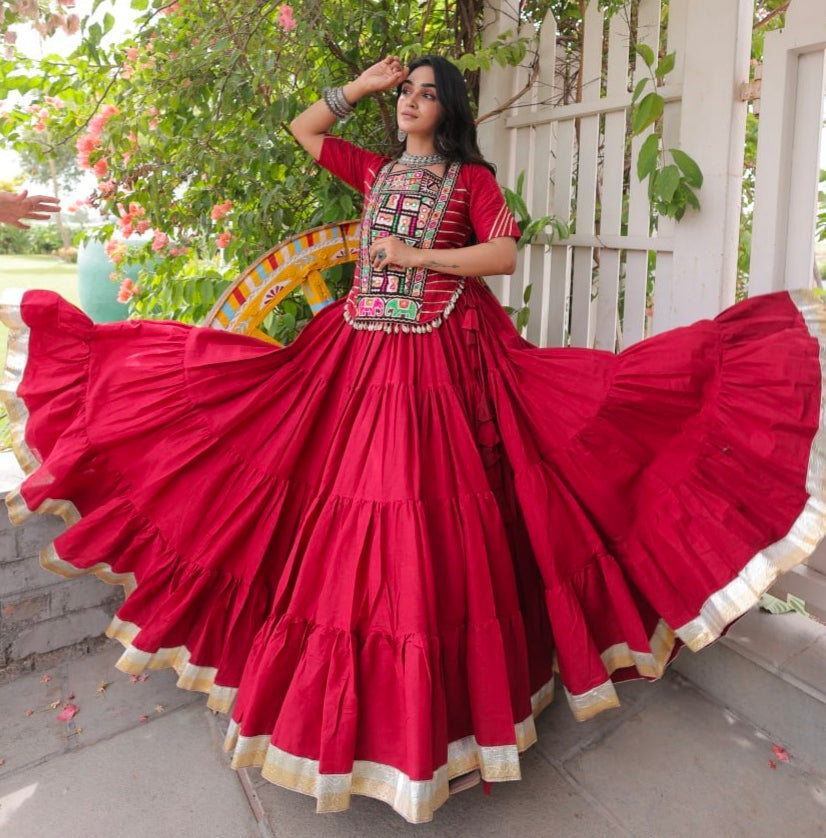 Red Pure Kora Cotton with Standard kutchi Patchwork Navratri Lehenga Choli