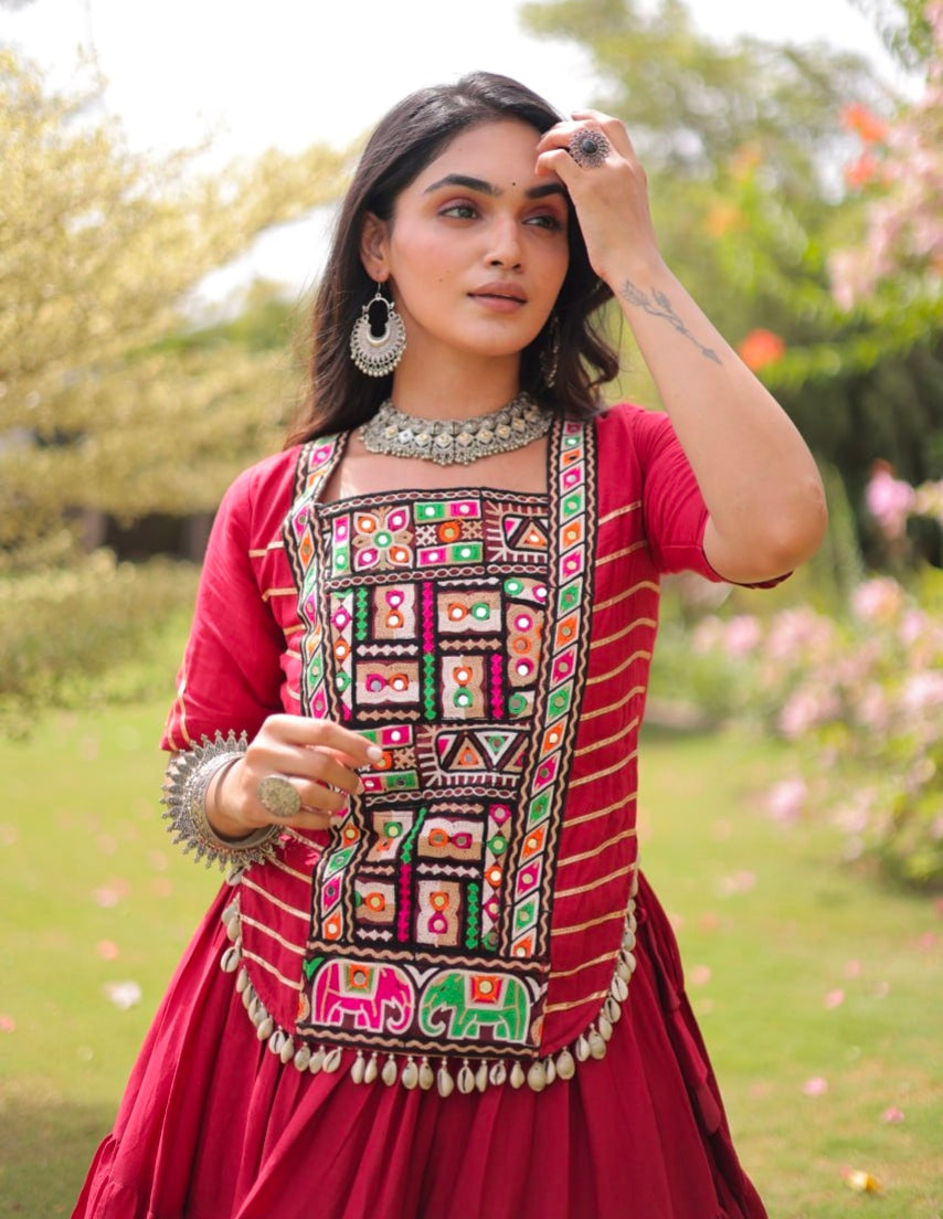 Red Pure Kora Cotton with Standard kutchi Patchwork Navratri Lehenga Choli