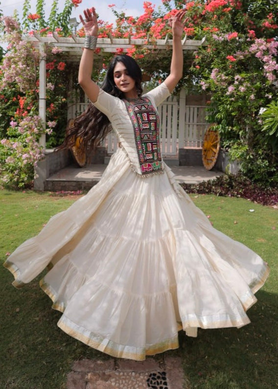 White Pure Kora Cotton with Standard kutchi Patchwork Navratri Lehenga Choli