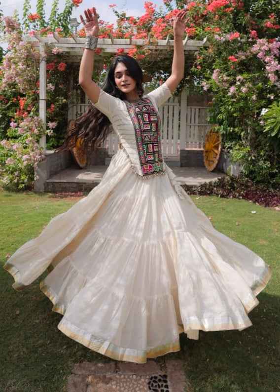 White Pure Kora Cotton with Standard kutchi Patchwork Navratri Lehenga Choli