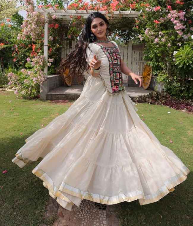 White Pure Kora Cotton with Standard kutchi Patchwork Navratri Lehenga Choli