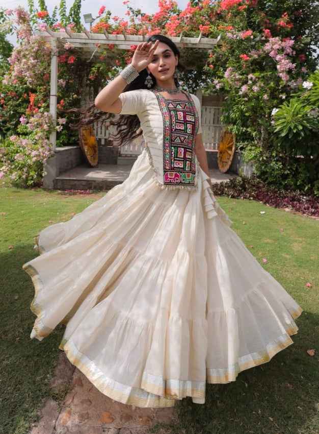 White Pure Kora Cotton with Standard kutchi Patchwork Navratri Lehenga Choli