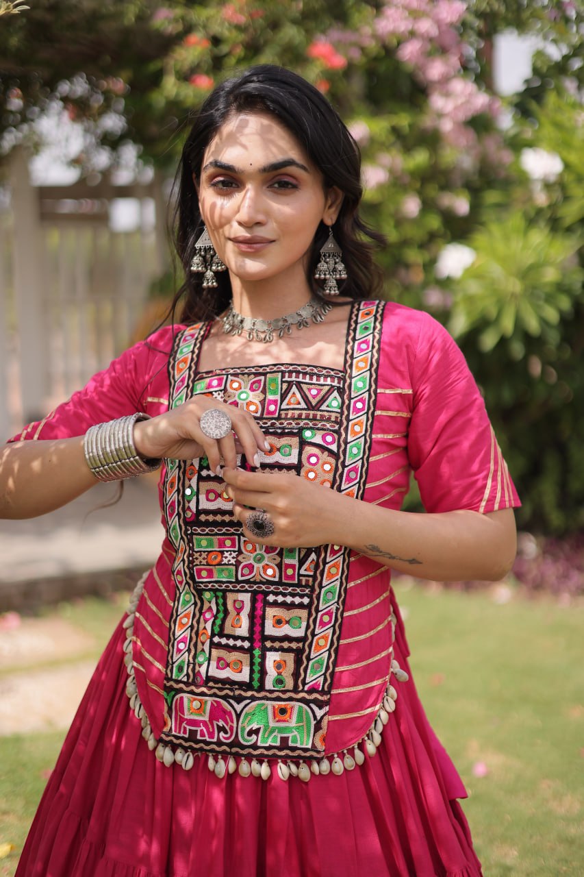 Rani Pure Kora Cotton with Standard kutchi Patchwork Navratri Lehenga Choli