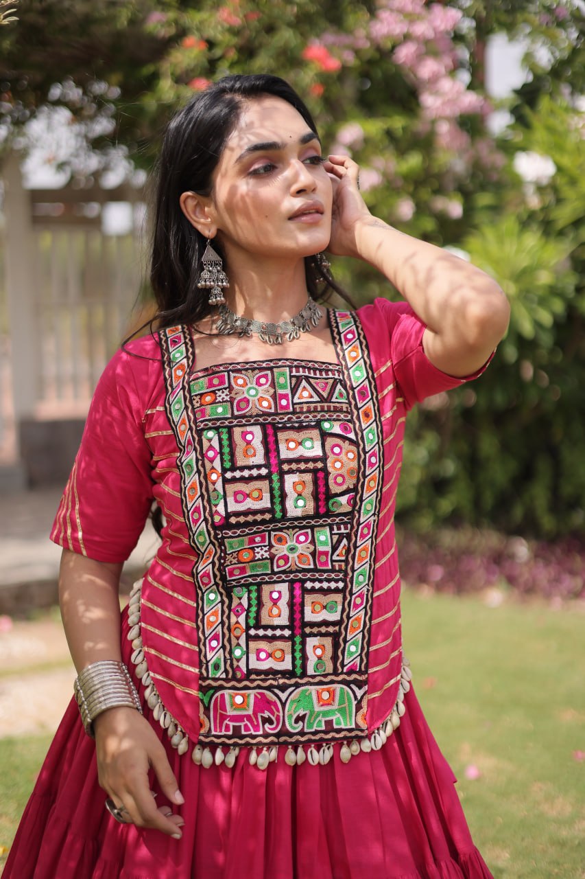 Rani Pure Kora Cotton with Standard kutchi Patchwork Navratri Lehenga Choli