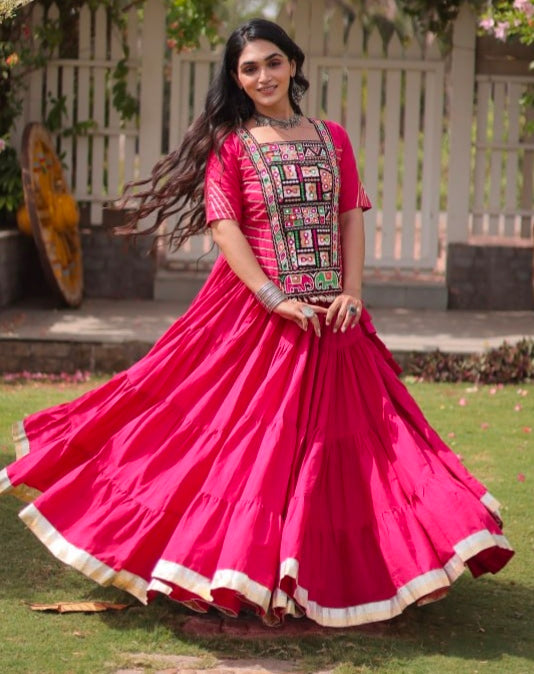 Rani Pure Kora Cotton with Standard kutchi Patchwork Navratri Lehenga Choli