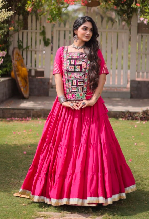 Rani Pure Kora Cotton with Standard kutchi Patchwork Navratri Lehenga Choli
