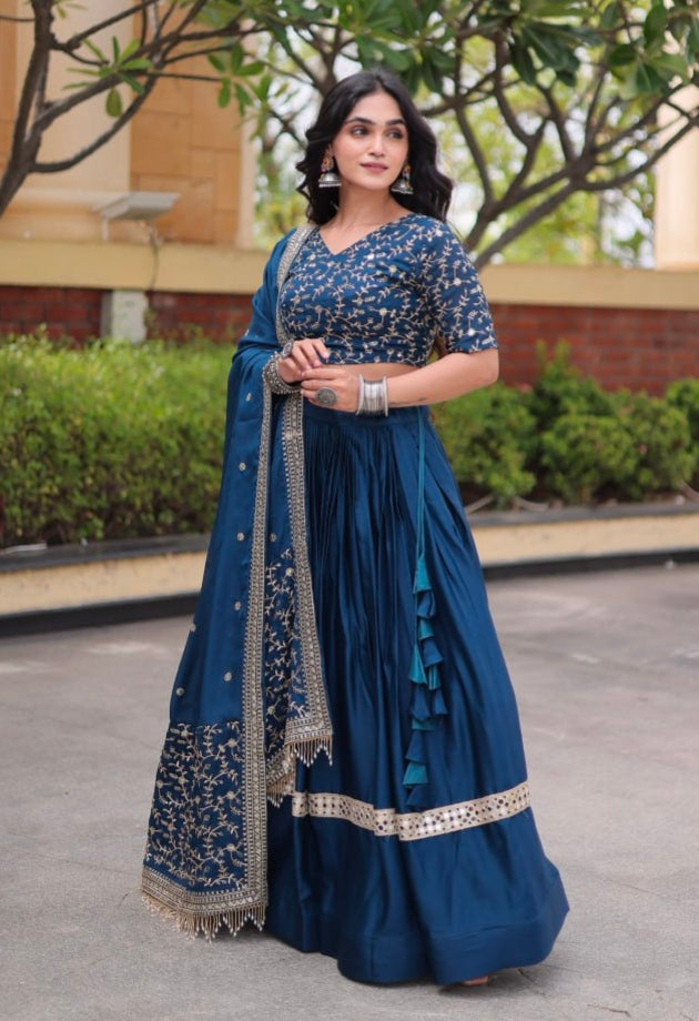 Blue Pure Glory Satin Embroidery Zari Sequins Work Navratri Lehenga Choli